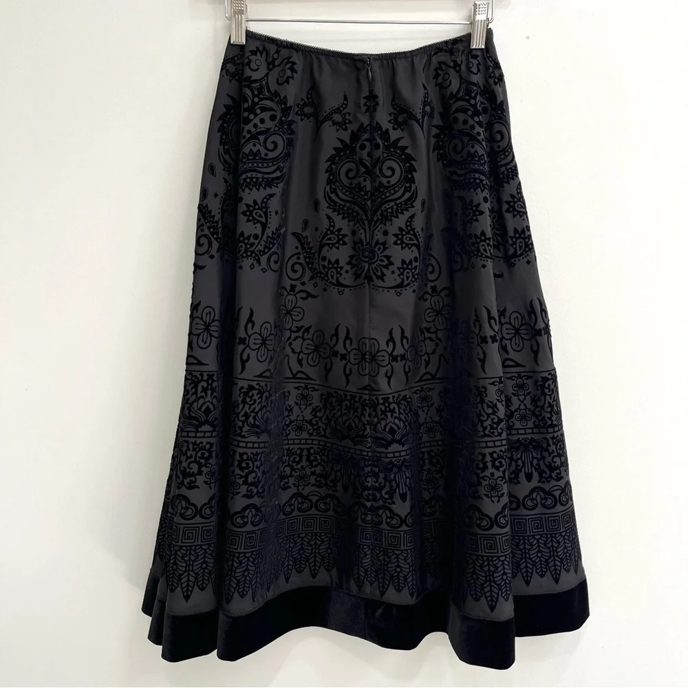Y2K Vintage MSK Full Velvet Flocked Swing Skirt Black Floral Geometric Patterns - Picture 4 of 9